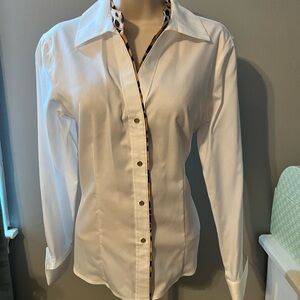 Calvin Klein White Button-Up Blouse with fun animal print lining & gold buttons